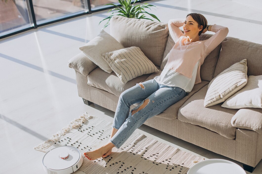 woman relaxing sofa while robot vacuum cleaner doing housework 1303 27199